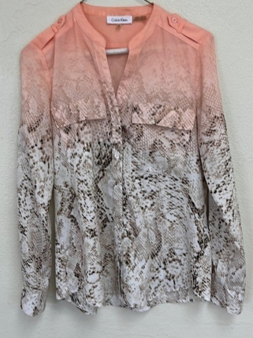 Unique Calvin Klein Peach Animal Print Long Sleeve Button Front V Neck Blouse XS